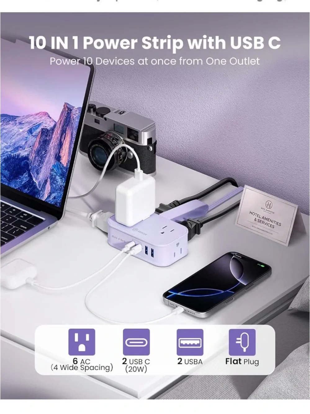Cruise Approved Travel Power Strip, 4ft Wrap Cord Flat Plug 6 Outlets, New